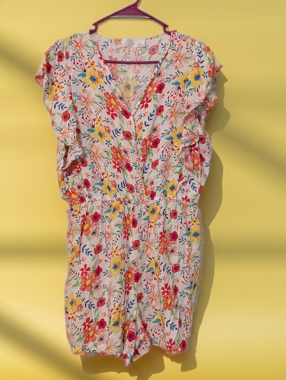 Floral V-Neck Ruffle Sleeve Romper by Time and Tru
